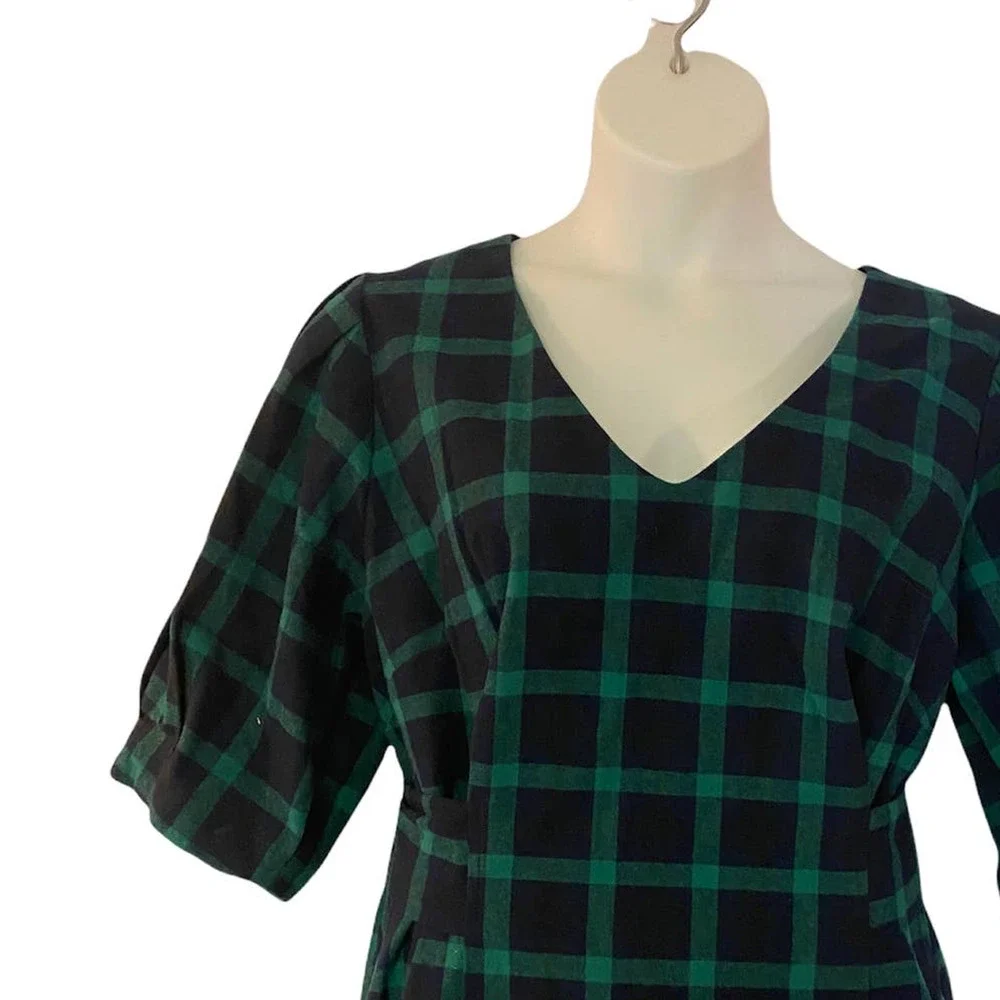 Eloquii Cotton Flannel Green Navy Plaid Tie Back Office Casual Fall Winter Dress - Picture 9 of 16